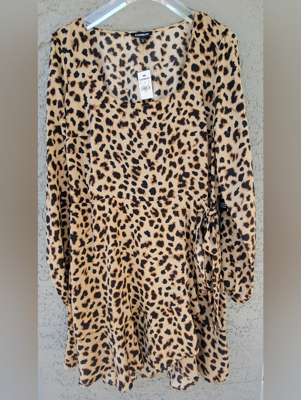 Express Leopard Print Long Sleeve Wrap Dress in Tan and Black - Picture 7 of 13
